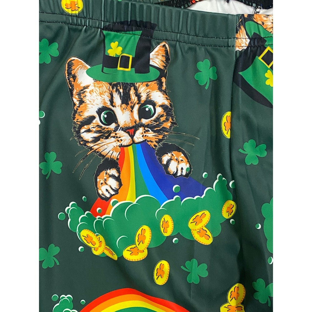Womens St Patricks Day Rainbow‎ Irish Cat Leggings Green Leprechaun Hat Large - Picture 4 of 4
